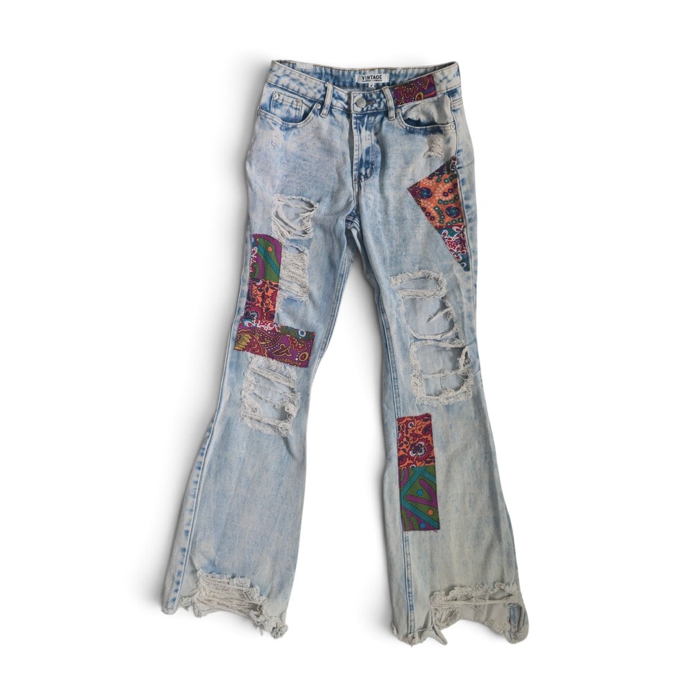 Vintage Almost Famous Light Wash Flare Jeans Y2K Boho Patchwork Distressed Denim